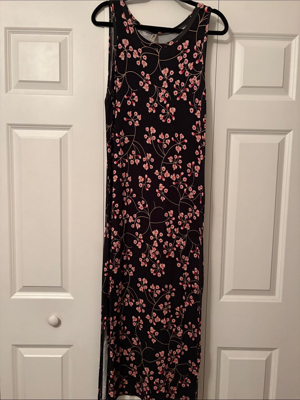 Sleeveless Black Maxi Dress with Pink Floral Print